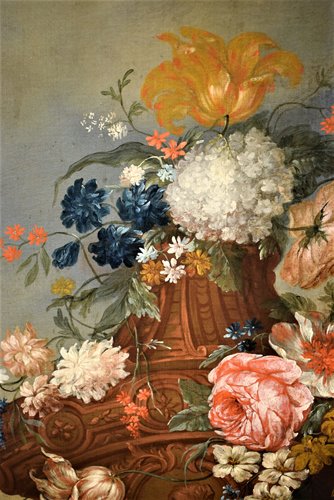 Still Life of Flowers with Putto and Fontain